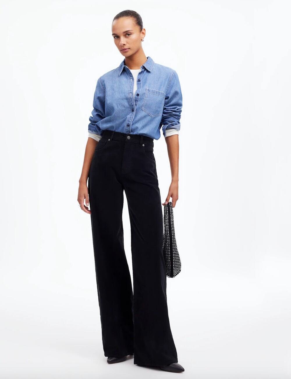 Madewell Superwide Leg Pants Corduroy Black High Rise Stretch Cotton US 25 NWT